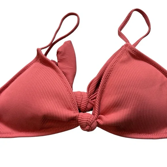 NWT, Aerie Coral Ribbed Padded Knot Front Tie Back Padded Bikini Top, Sz L - Picture 5 of 12